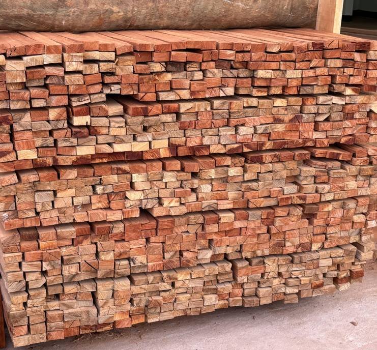 Uma grande madeira de eucalipto está sobre suportes em um espaço externo.